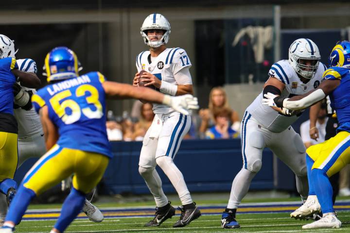 Indianapolis Colts quarterback Daniel Jones (17) throws against the Los Angeles Rams during the ...