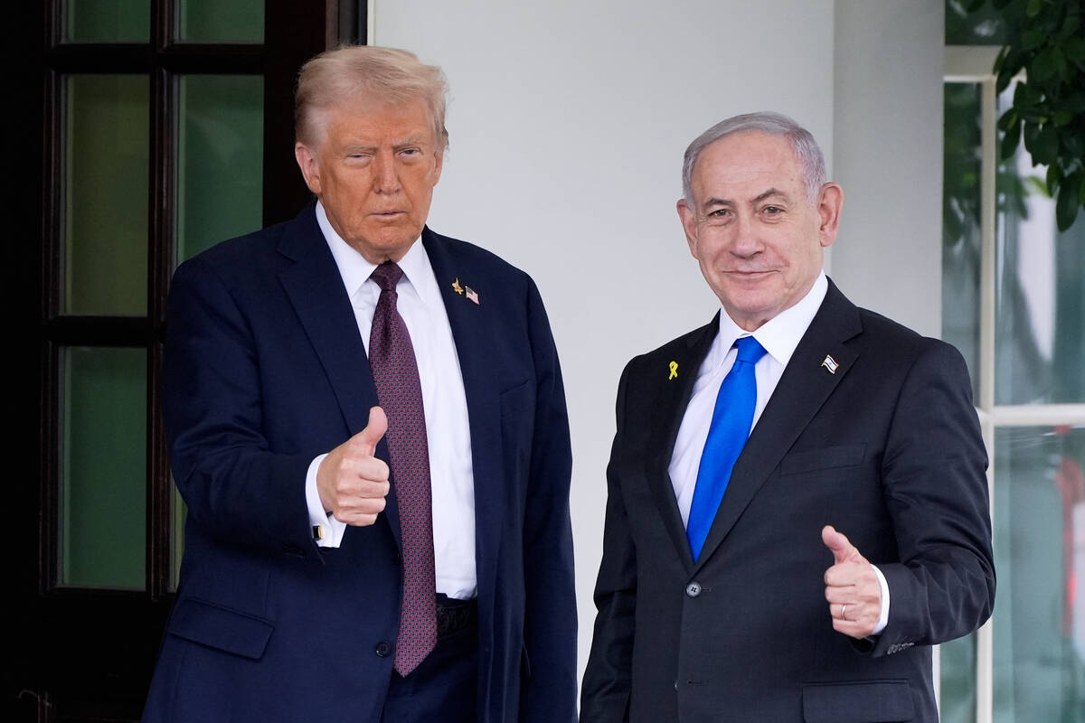 President Donald Trump greets Israeli Prime Minister Benjamin Netanyahu at the West Wing of the ...