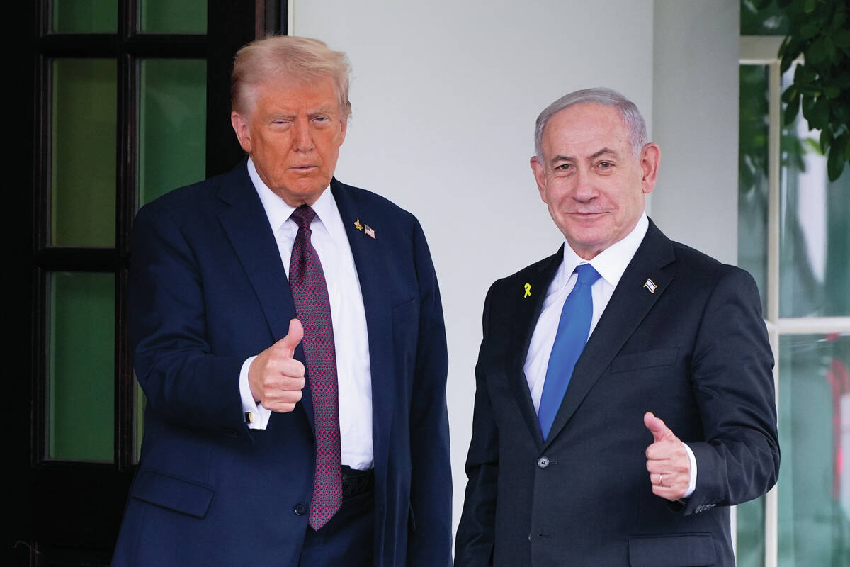 President Donald Trump greets Israeli Prime Minister Benjamin Netanyahu at the West Wing of the ...