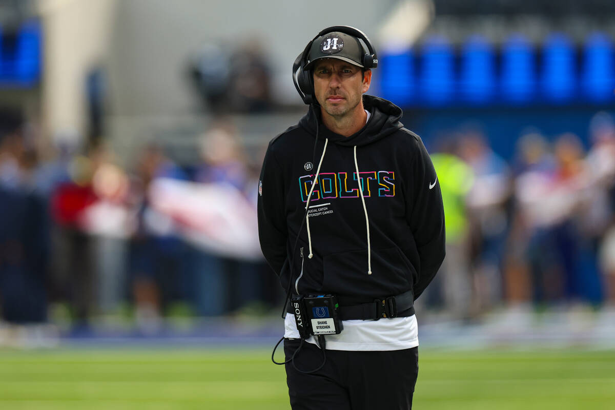 Indianapolis Colts head coach Shane Steichen before an NFL football game against the Los Angele ...