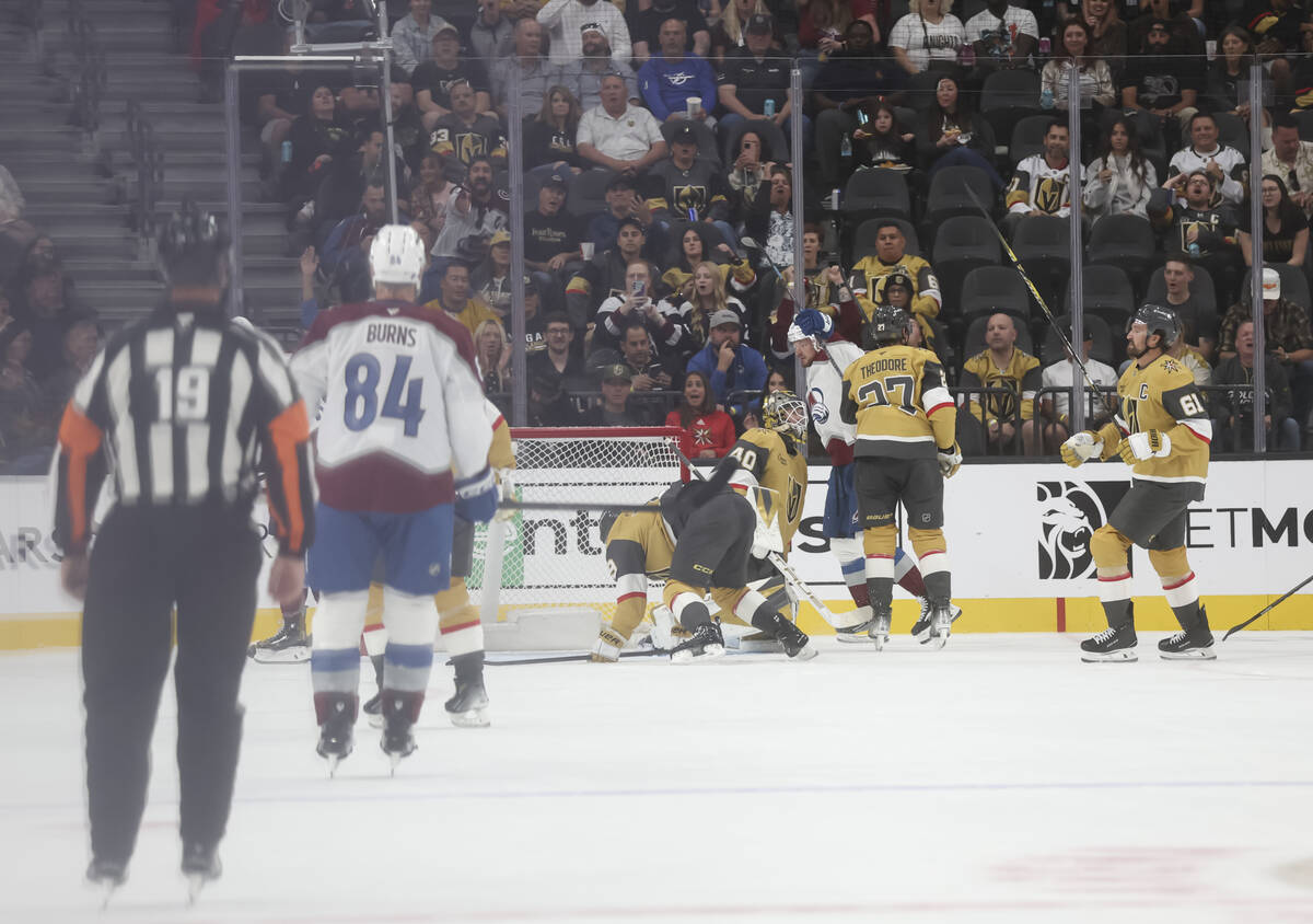 The Colorado Avalanche score against the Golden Knights during the first period of an NHL hocke ...