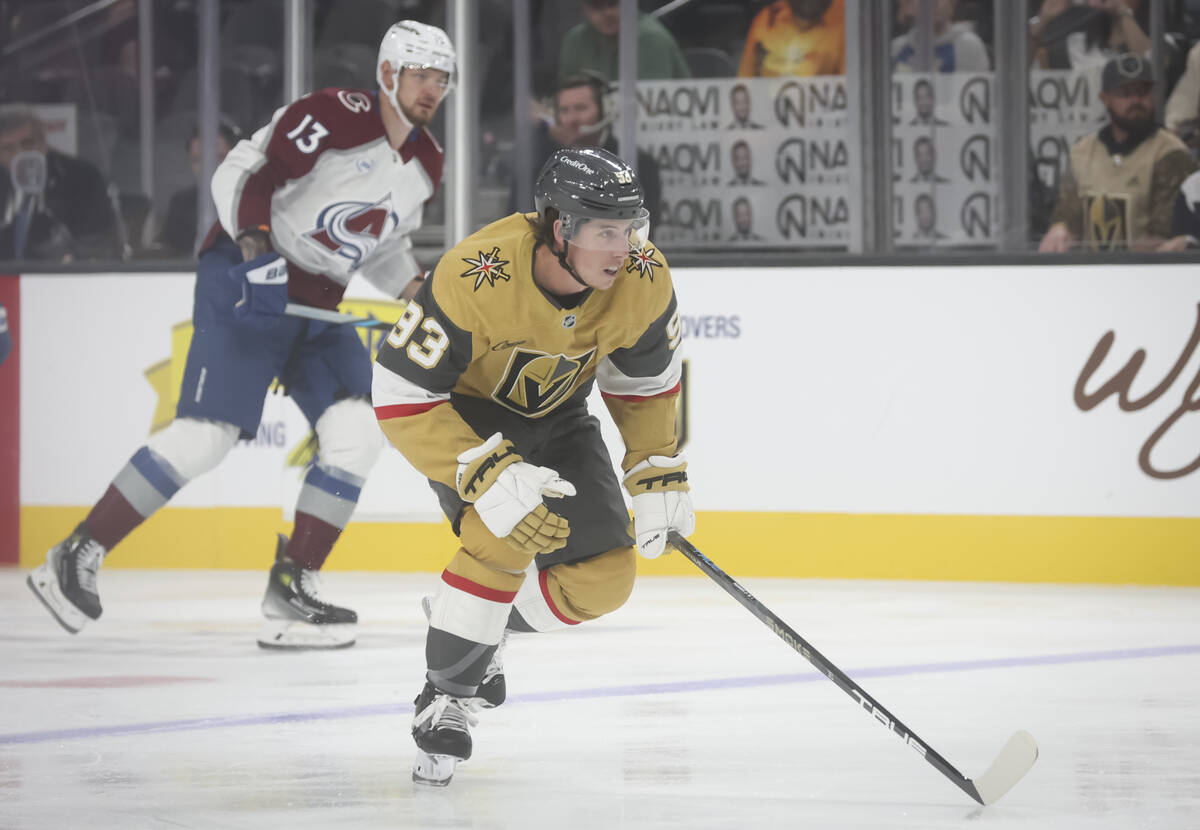 Golden Knights right wing Mitch Marner (93) skates after the puck during the first period of an ...
