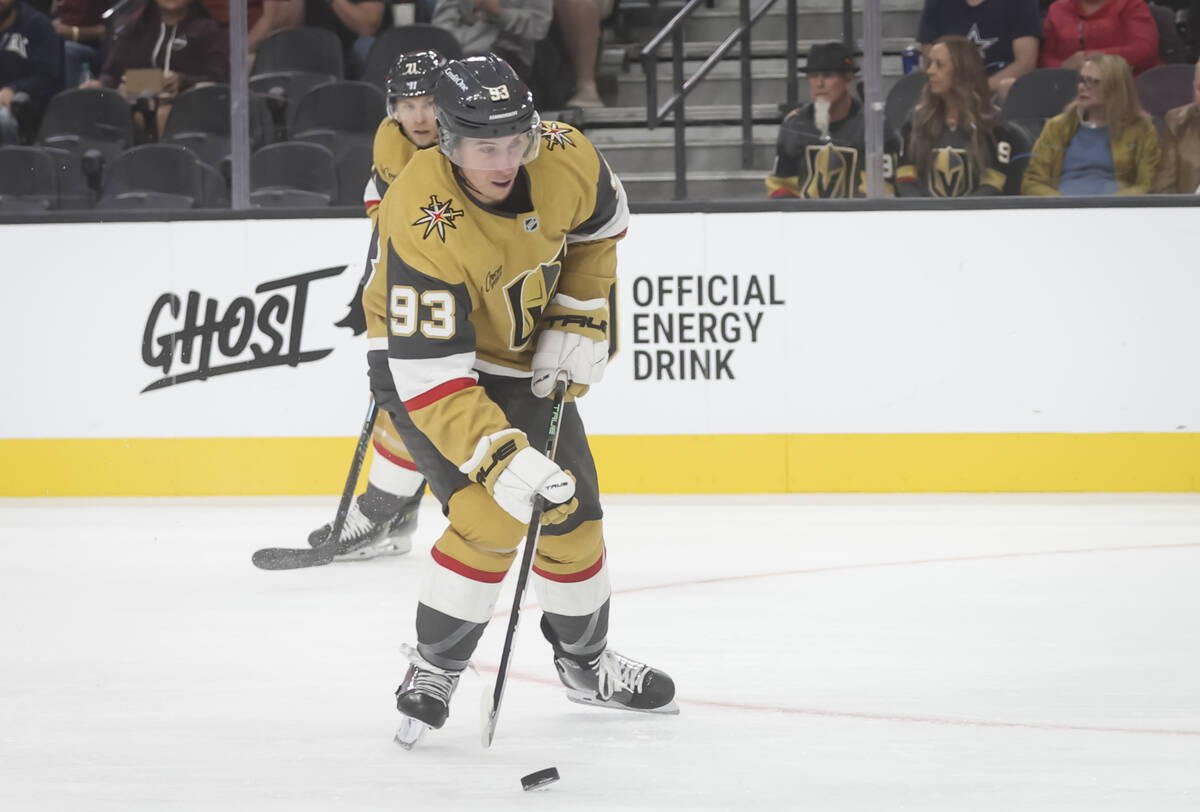 Golden Knights right wing Mitch Marner (93) shoots the puck against the Colorado Avalanche duri ...