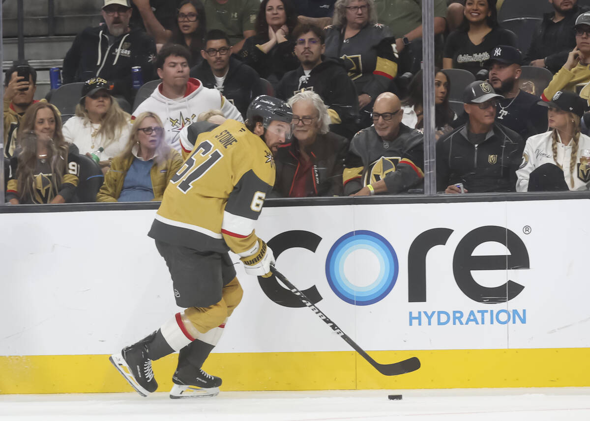 Golden Knights right wing Mark Stone (61) skates with the puck during the third period of an NH ...