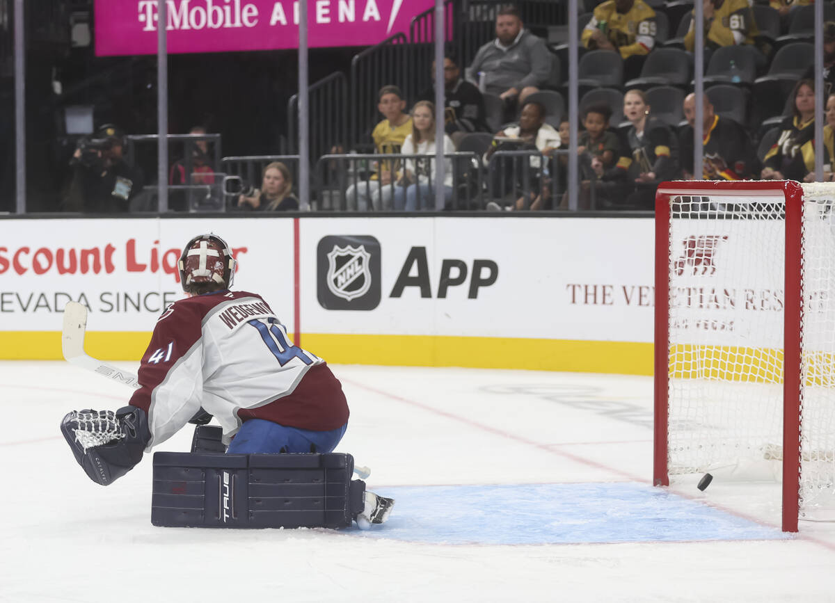 Colorado Avalanche goaltender Scott Wedgewood (41) gives up a goal to the Golden Knights during ...