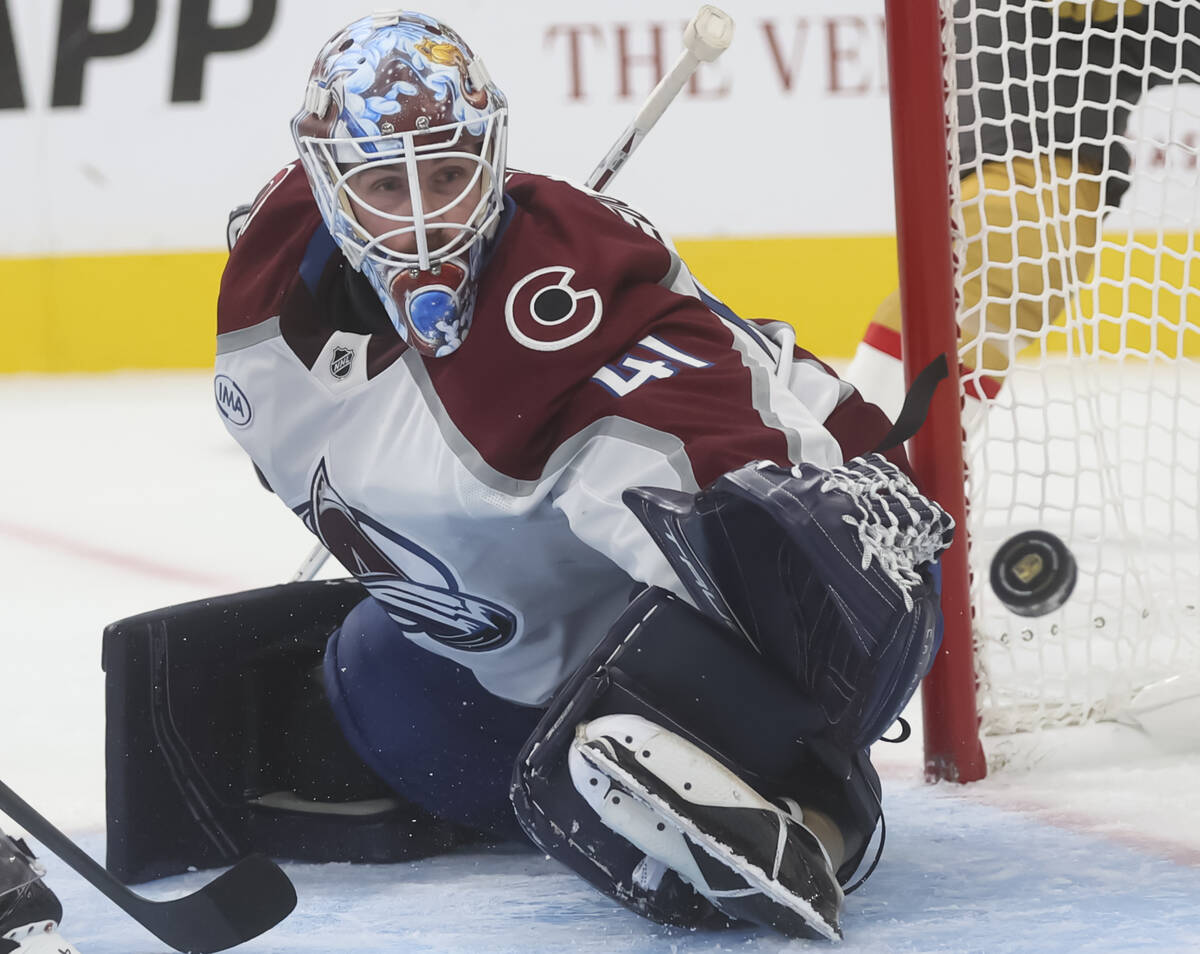Colorado Avalanche goaltender Scott Wedgewood (41) blocks a shot from the Golden Knights during ...
