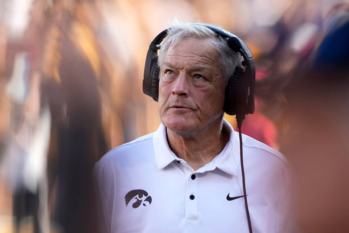 Iowa head coach Kirk Ferentz watches from the sideline during the second half of an NCAA colleg ...