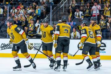 Golden Knights center Jack Eichel (9) and teammates celebrate his goal against the Utah Mammoth ...