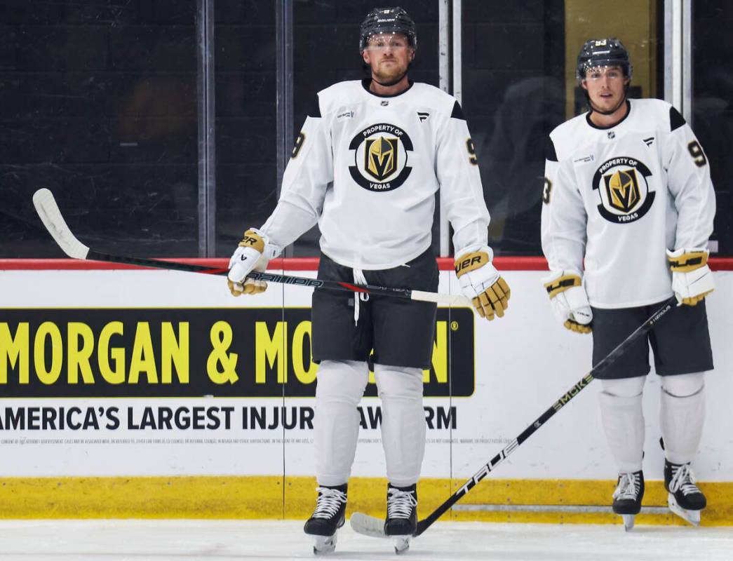 Golden Knights center Jack Eichel (9) and right wing Mitch Marner (93) participate in practice ...