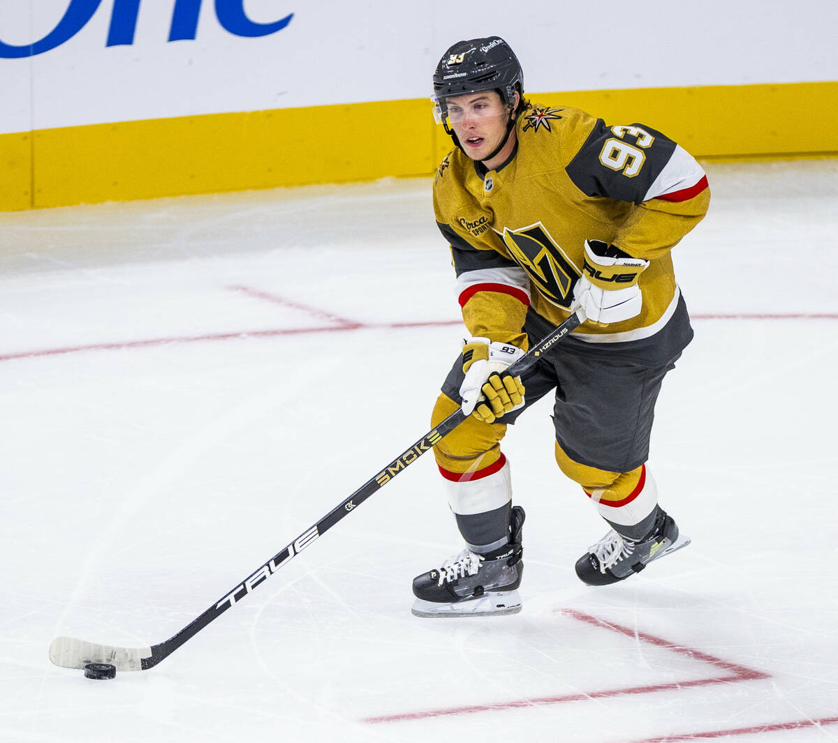 Golden Knights right wing Mitch Marner (93) advances the puck against the Utah Mammoth during t ...