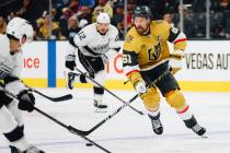 Golden Knights right wing Mark Stone (61) skates the puck down the ice during a preseason NHL h ...