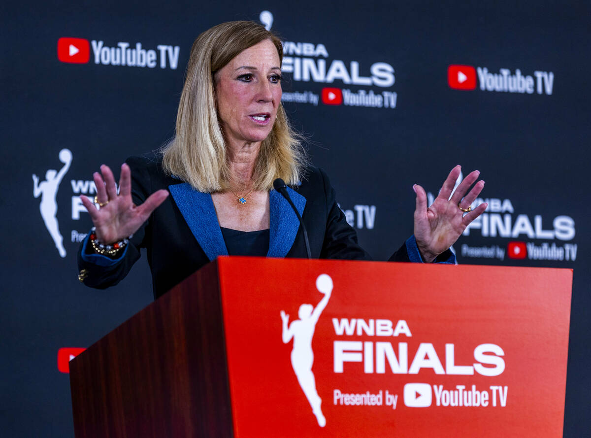 WNBA commissioner Cathy Engelbert speaks to the media before game 1 of the WNBA Finals series w ...