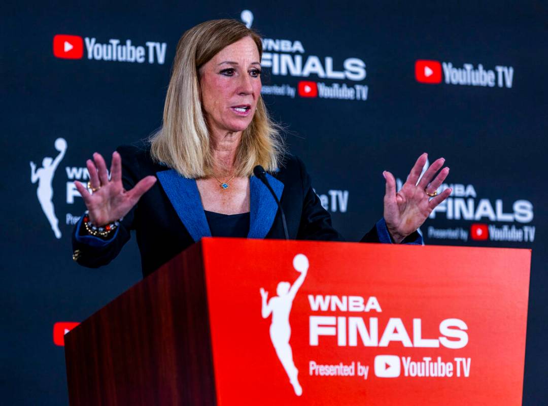 WNBA commissioner Cathy Engelbert speaks to the media before game 1 of the WNBA Finals series w ...
