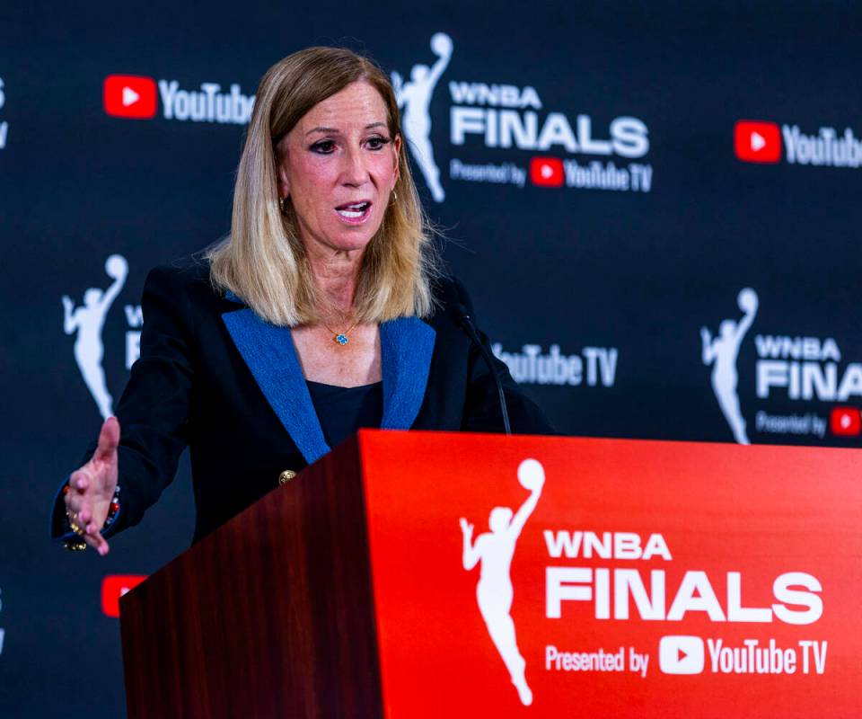 WNBA commissioner Cathy Engelbert speaks to the media before game 1 of the WNBA Finals series w ...