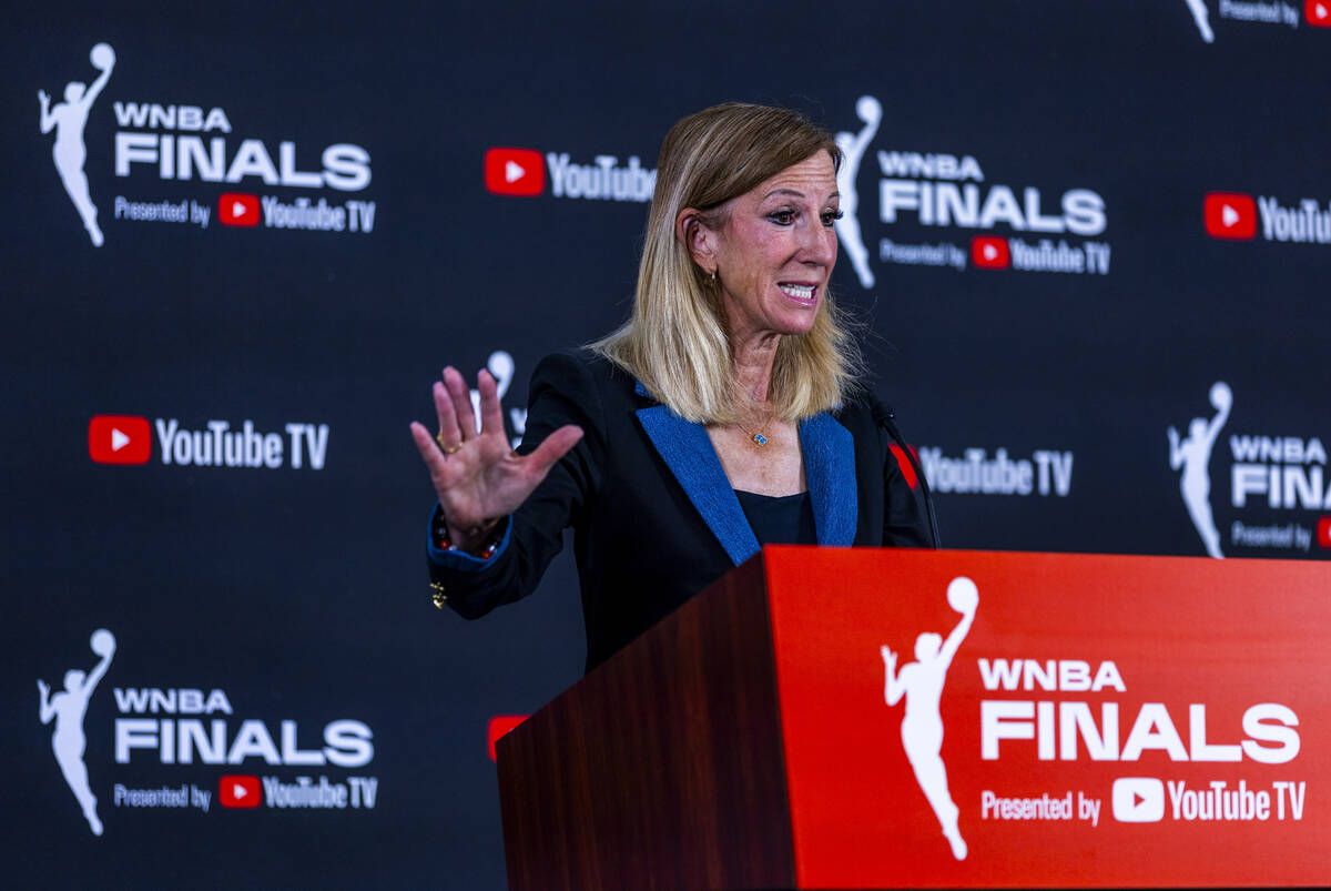 WNBA commissioner Cathy Engelbert speaks to the media before game 1 of the WNBA Finals series w ...