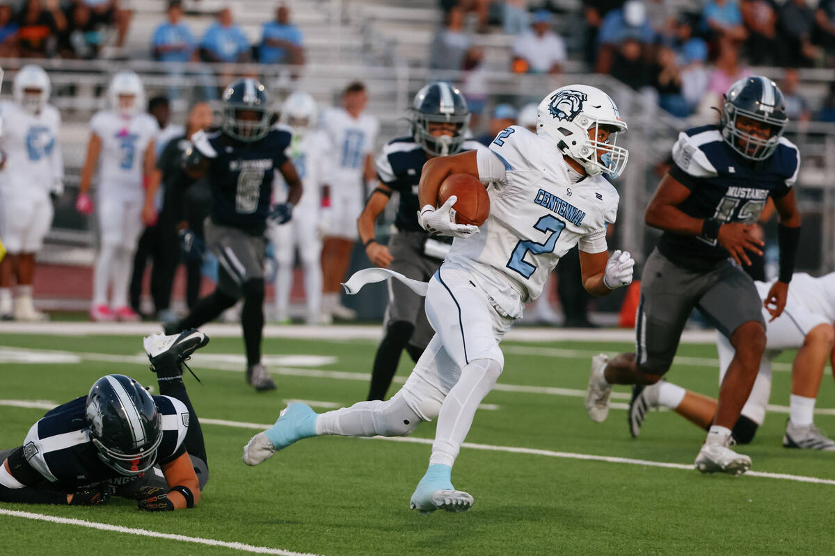 Centennial’s Jordan Bostick (2) runs upfield during the game on Friday, Oct. 3, 2025 at ...