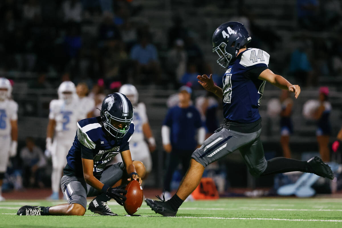 Shadow Ridge kicker Brian Brimhall (44) makes an extra point kick during the game on Friday, Oc ...