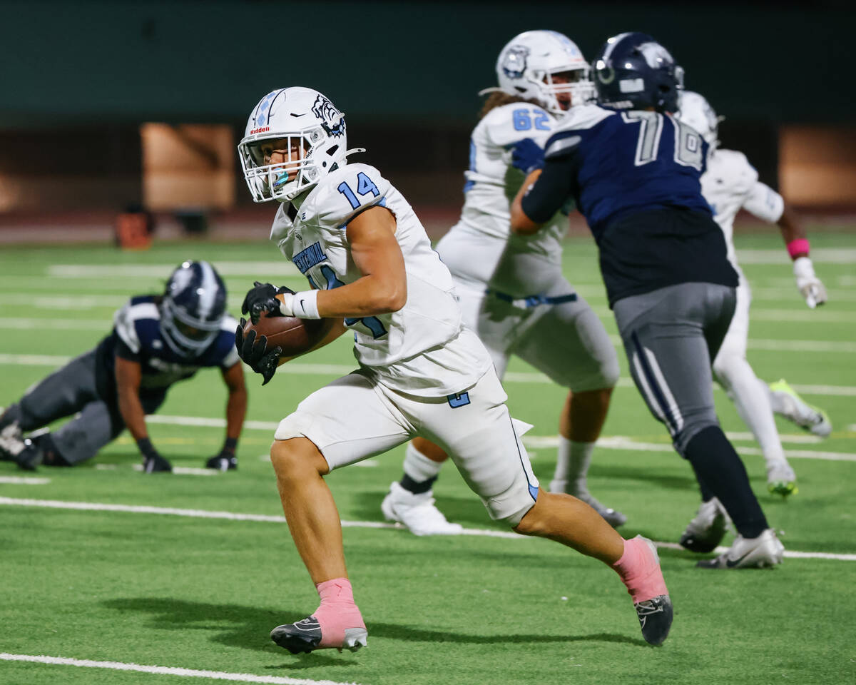 Centennial’s Brogan Church (14) runs upfield during the game on Friday, Oct. 3, 2025 at ...