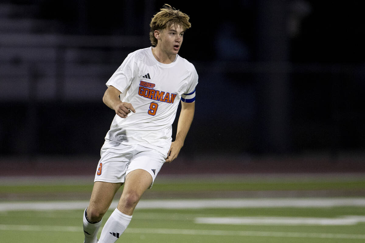 Bishop Gorman forward Chase Stewart (9) controls the ball during the high school soccer game ag ...