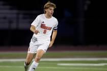 Bishop Gorman forward Chase Stewart (9) controls the ball during the high school soccer game ag ...