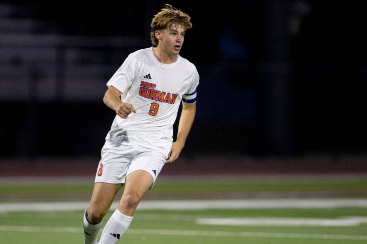 Bishop Gorman forward Chase Stewart (9) controls the ball during the high school soccer game ag ...
