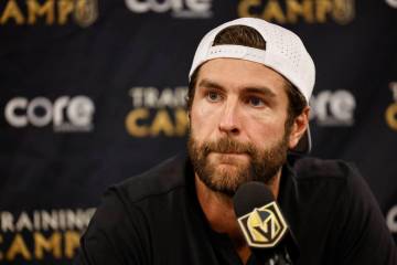 Golden Knights defenseman Alex Pietrangelo speaks to the media at City National Arena Monday, S ...