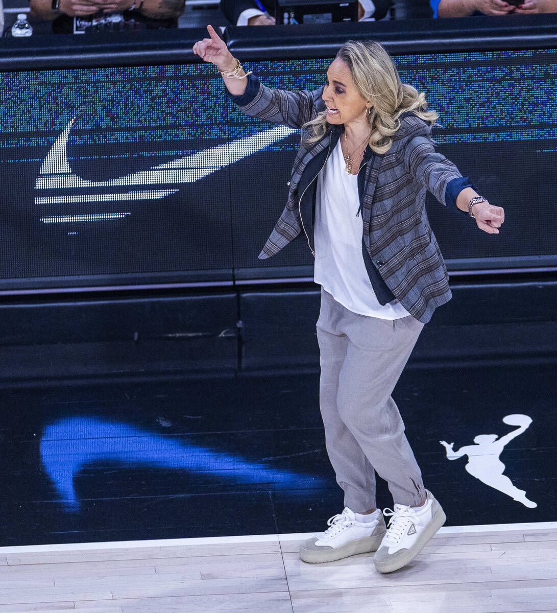 Aces head coach Becky Hammon calls a play during the first half of game 1 of the WNBA Finals se ...