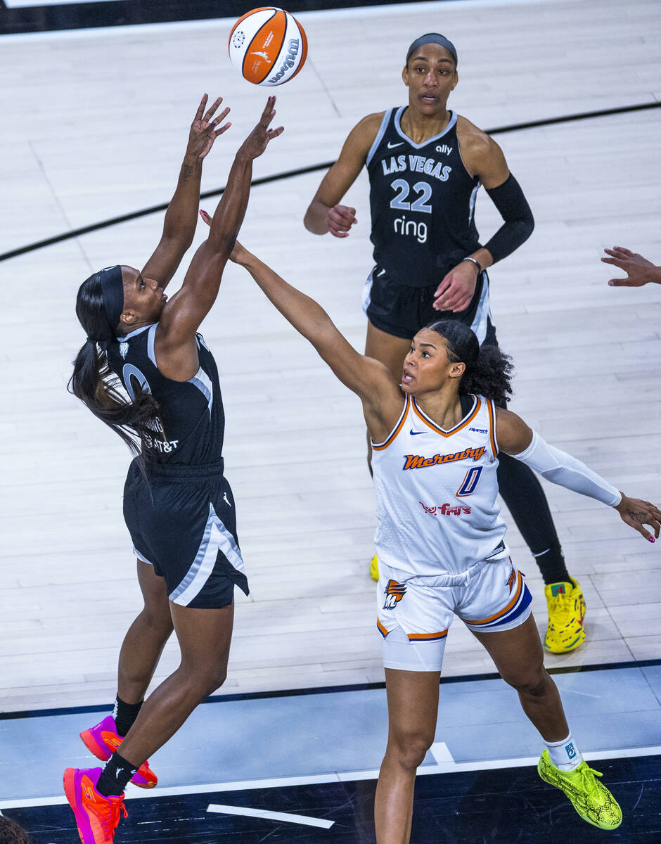 during the first half of game 1 of the WNBA Finals series with the Aces facing the Phoenix Merc ...