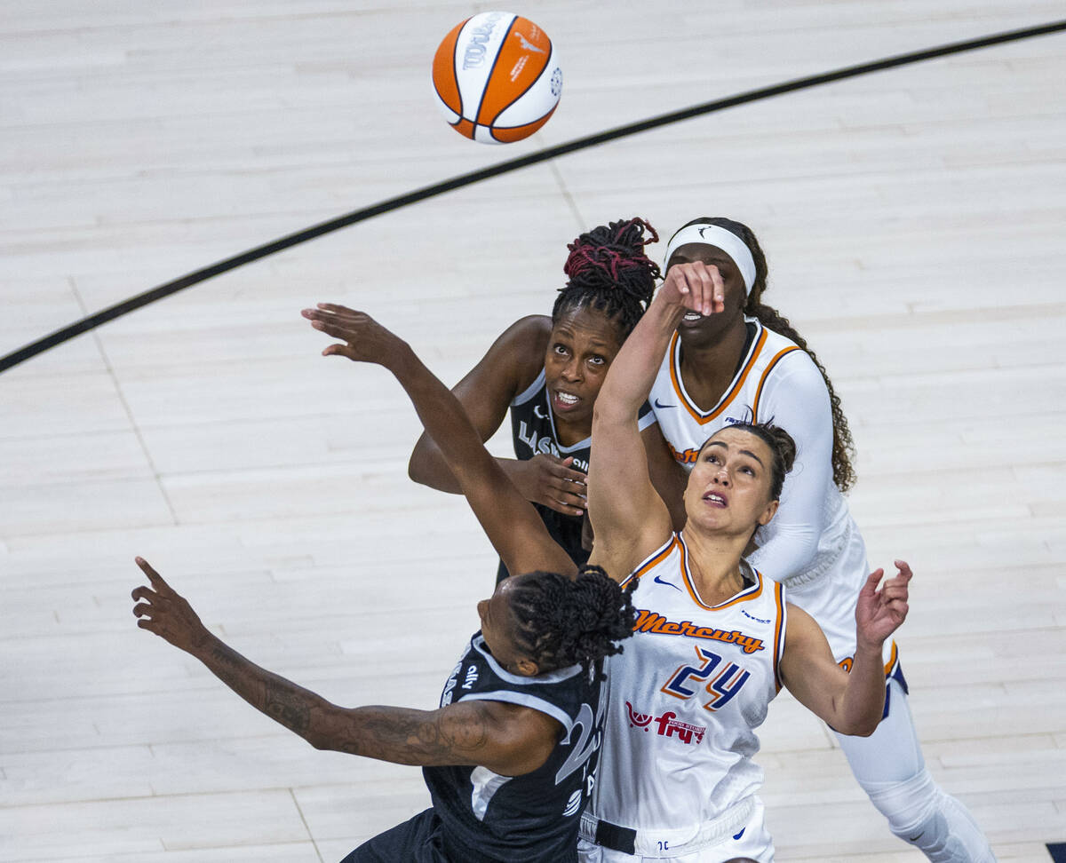 Aces guard Jewell Loyd (24), Phoenix Mercury forward Kathryn Westbeld (24), Aces guard Chelsea ...