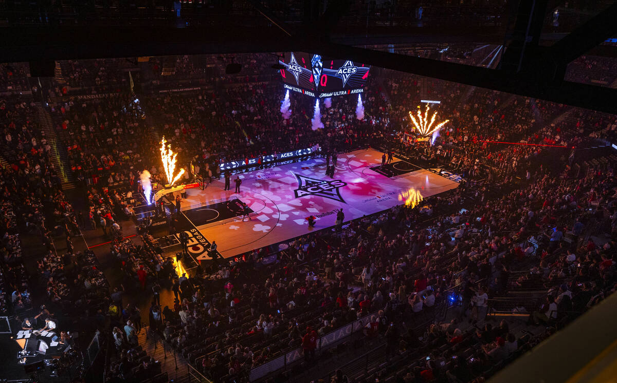 Flames erupt over the court as players are introduced as the Aces will battle the Phoenix Mercu ...