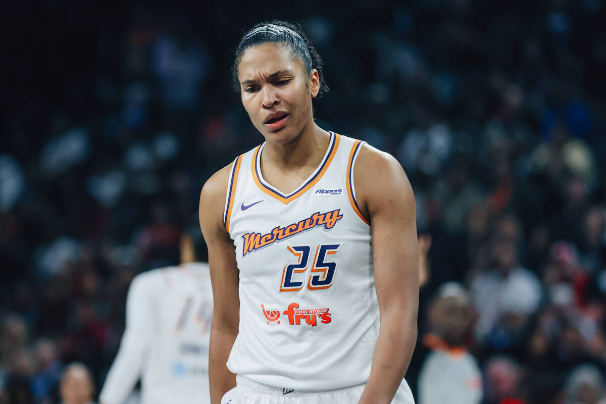 Phoenix Mercury forward Alyssa Thomas (25) reacts to a call by a referee during game one of a W ...