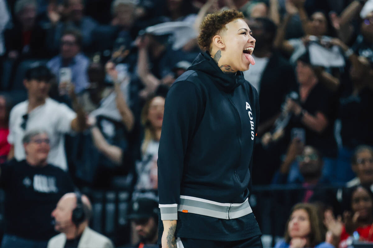 Aces forward Kierstan Bell (1) sticks her tongue out during game one of a WNBA finals basketbal ...