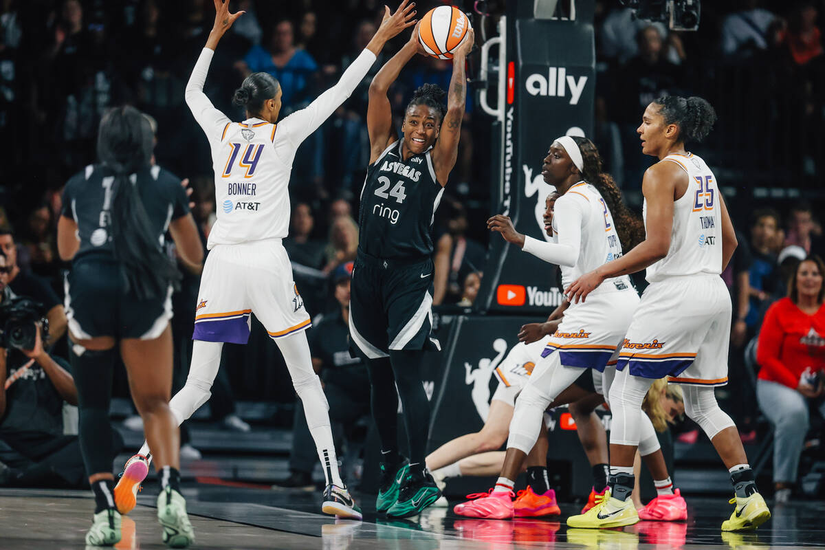 Aces guard Jewell Loyd (24) looks for an opening to pass the ball to Aces guard Jackie Young (0 ...