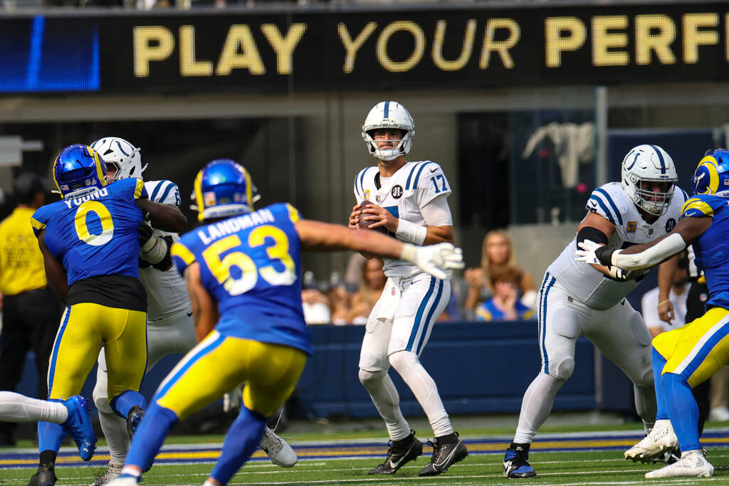 Indianapolis Colts quarterback Daniel Jones (17) throws against the Los Angeles Rams during the ...