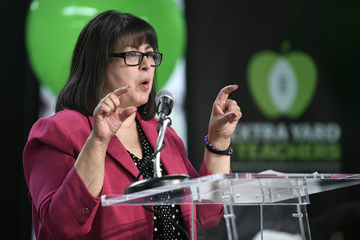 Clark County School District trustee Irene Bustamante Adams speaks during an event at Gray Elem ...