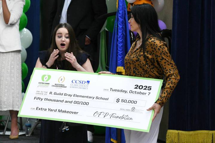 School librarian Claire Yates reacts as she receives a $50,000 donation for her library during ...