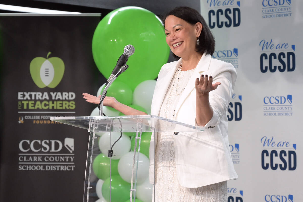 Clark County School District Superintendent Jhone Ebert speaks during an event at Gray Elementa ...
