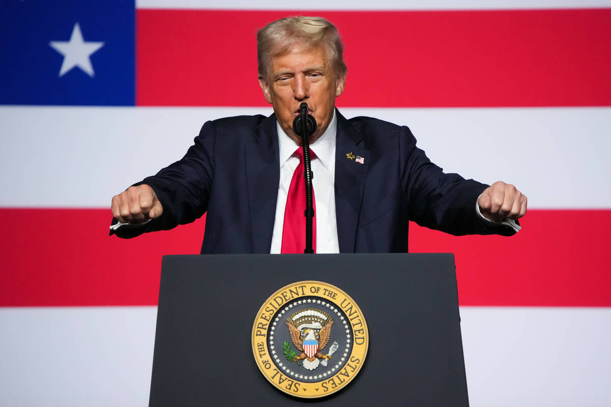 President Donald Trump speaks to a gathering of top U.S. military commanders at Marine Corps Ba ...