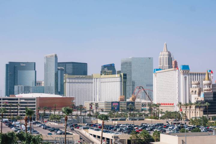 The Strip is surrounded by haze Saturday, Aug. 2, 2025, in Las Vegas. (Madeline Carter/Las Vega ...
