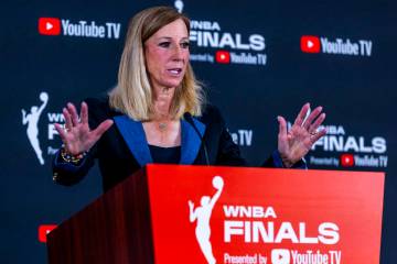 WNBA commissioner Cathy Engelbert speaks to the media before game 1 of the WNBA Finals series w ...