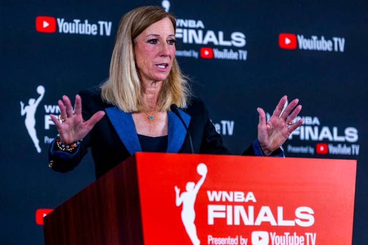 WNBA commissioner Cathy Engelbert speaks to the media before game 1 of the WNBA Finals series w ...