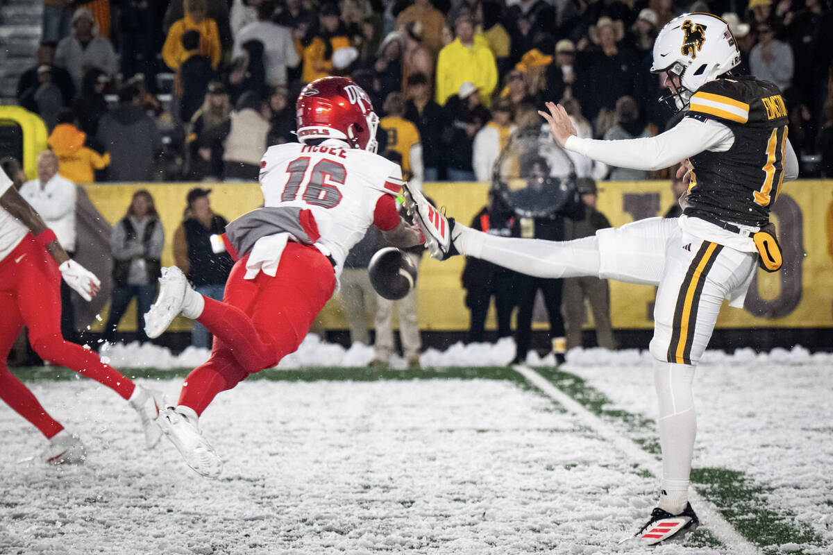 UNLV wide receiver Kayden McGee blocks a punt which was returned for a touchdown during their g ...