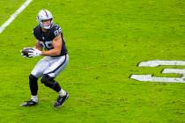 Raiders tight end Brock Bowers (89) looks upfield after a catch against the Chicago Bears durin ...