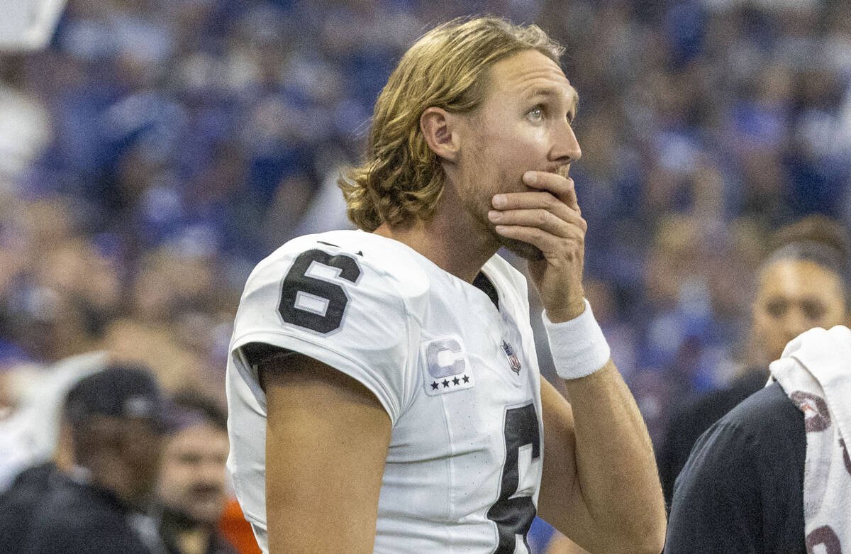 Raiders punter AJ Cole (6) reacts as he watches the team play the Indianapolis Colts during the ...