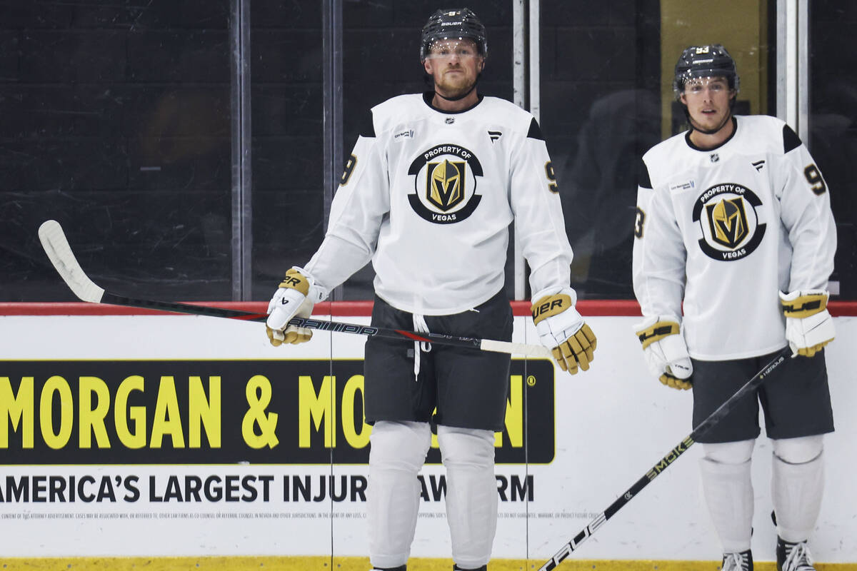 Golden Knights center Jack Eichel (9) and right wing Mitch Marner (93) participate in practice ...