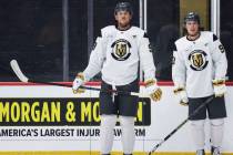 Golden Knights center Jack Eichel (9) and right wing Mitch Marner (93) participate in practice ...