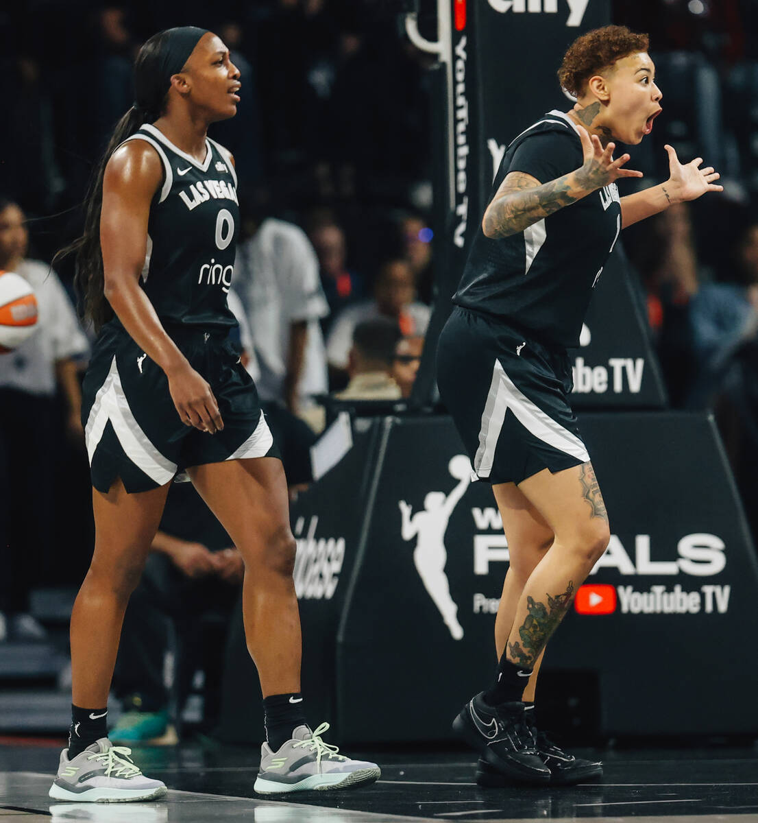 Aces forward Kierstan Bell (1) reacts to a foul called on her during game two of of a WNBA fina ...