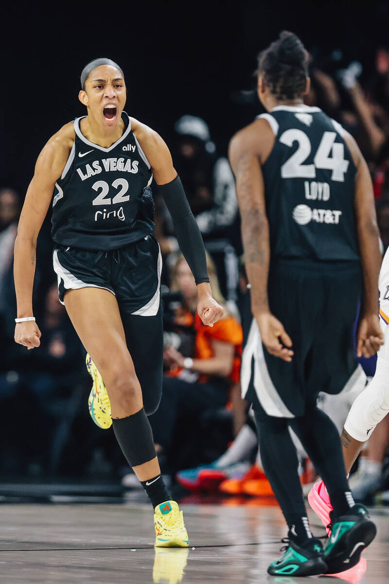 Aces center A'ja Wilson (22) celebrates during game two of of a WNBA finals game between t ...