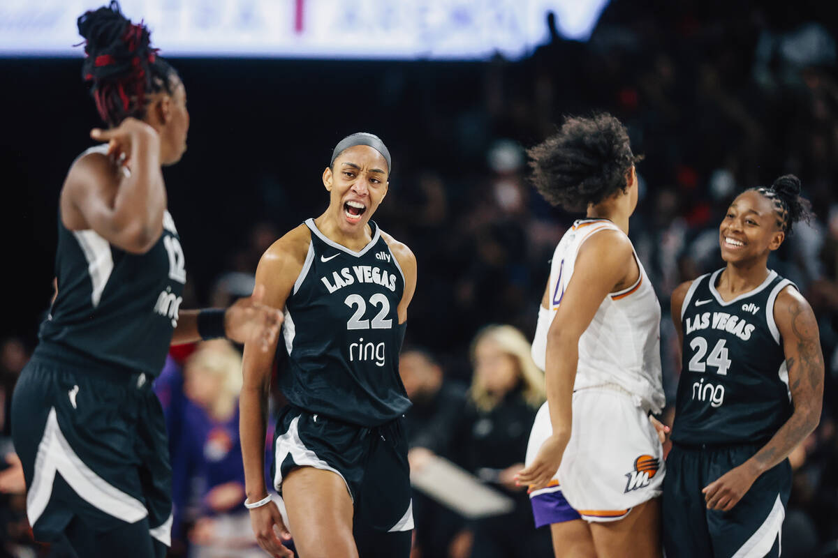 Aces center A'ja Wilson (22) celebrates during game two of of a WNBA finals game between t ...