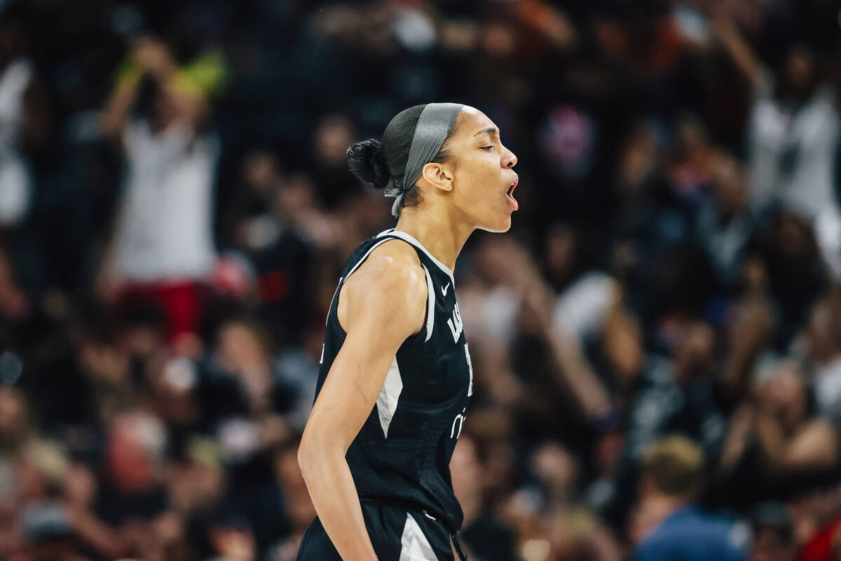 Aces center A'ja Wilson (22) celebrates during game two of of a WNBA finals game between t ...